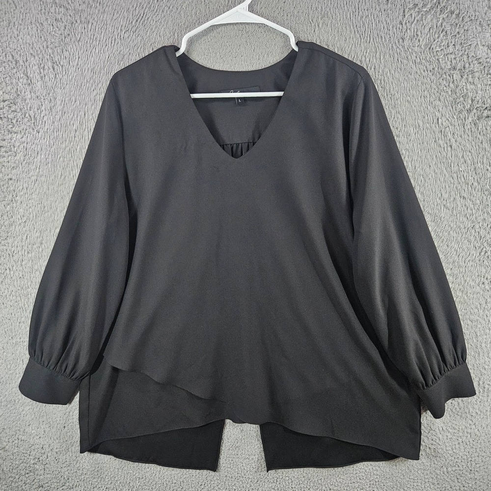 Calessa‎ Womens Black V-Neck Long Sleeve Split Back Layered Blouse Large
